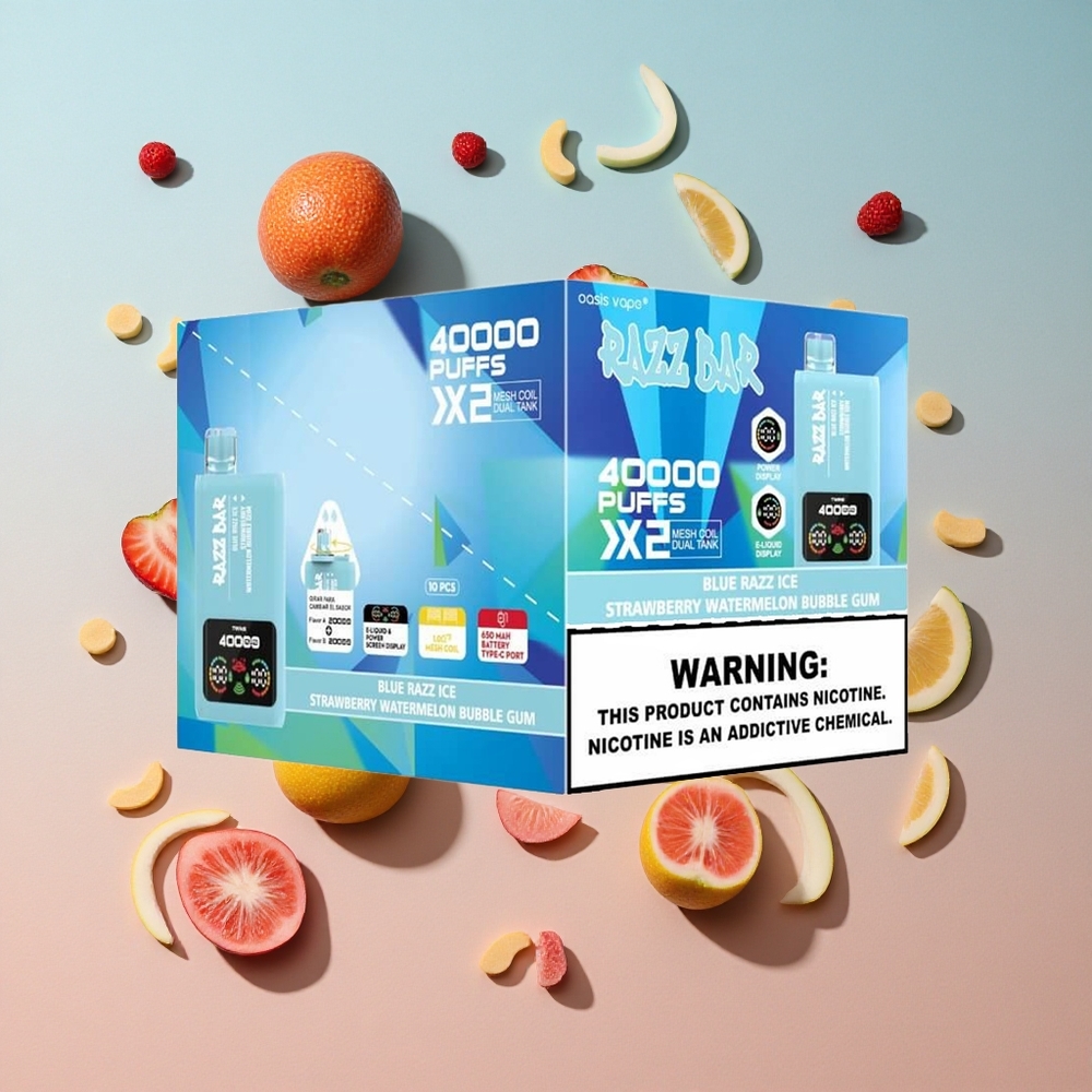 Razz Bar 40000パフ ブルーラズアイス-ストロベリーワーターメロンバブルガム パワースクリーンディスプレイ 卸売 日本
